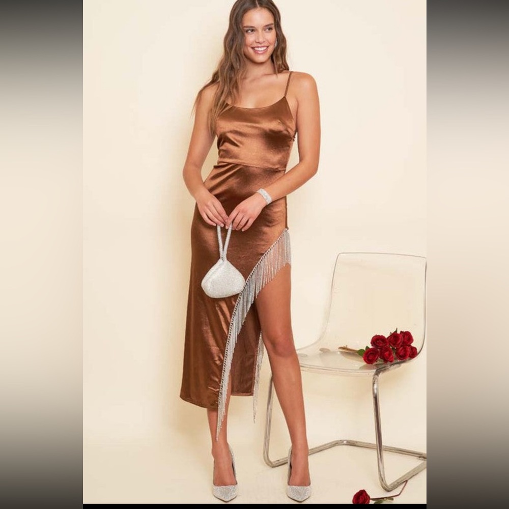 NWT Satin Midi Rhinestone Dress